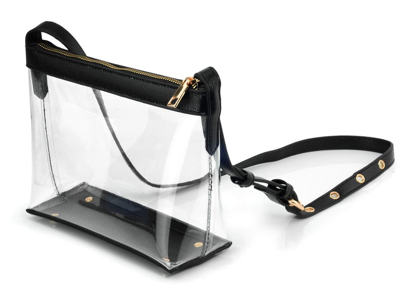 Hoxis Clear Zipper Cross Body Bag with Vegan Leather Trim (Black) Small - Image 2