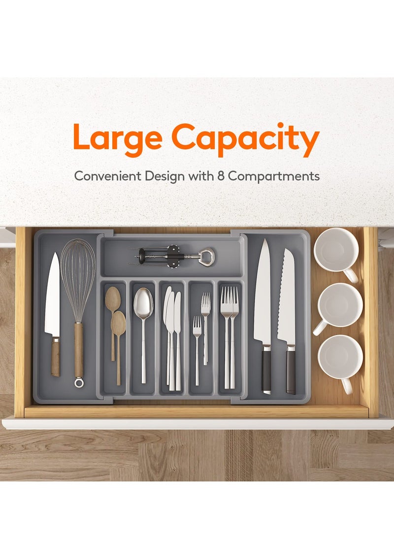 Dovva Silverware Drawer Organizer, Expandable Utensil Tray for Kitchen, BPA Free Flatware and Cutlery Holder, Adjustable Plastic Storage for Spoons Forks Knives, Large, Grey  - Image 2