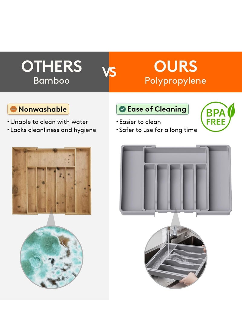 Dovva Silverware Drawer Organizer, Expandable Utensil Tray for Kitchen, BPA Free Flatware and Cutlery Holder, Adjustable Plastic Storage for Spoons Forks Knives, Large, Grey  - Image 4