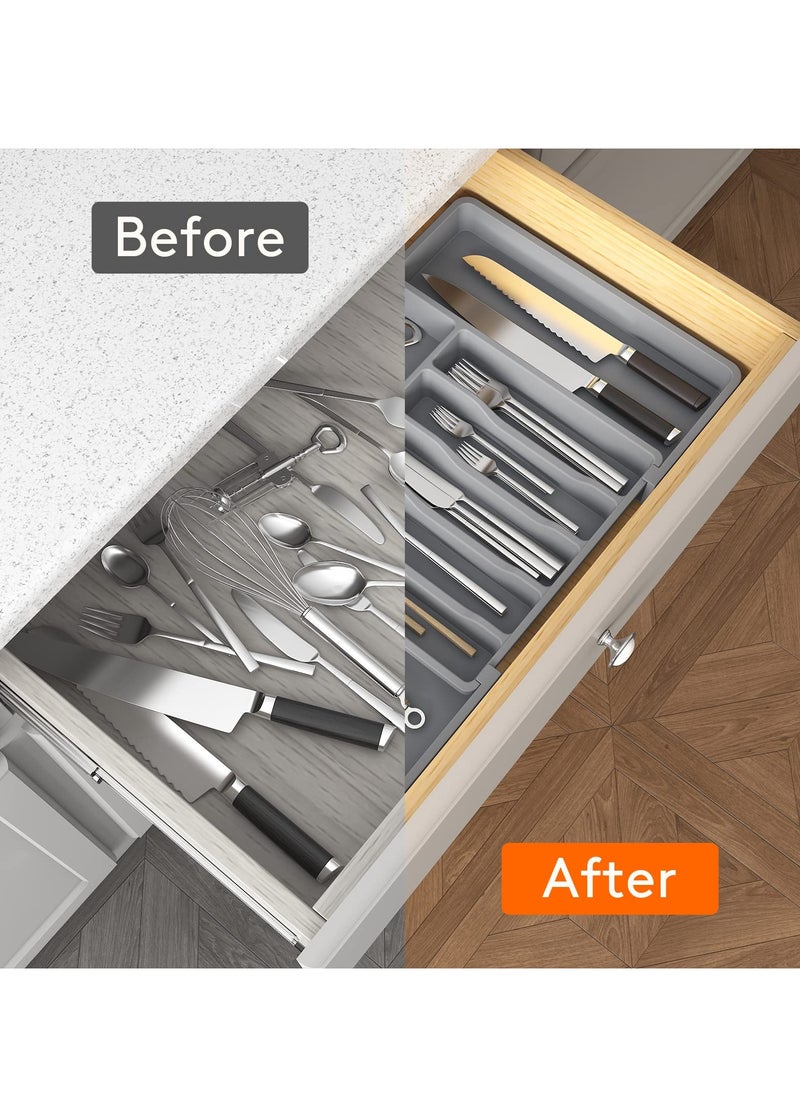 Dovva Silverware Drawer Organizer, Expandable Utensil Tray for Kitchen, BPA Free Flatware and Cutlery Holder, Adjustable Plastic Storage for Spoons Forks Knives, Large, Grey  - Image 5