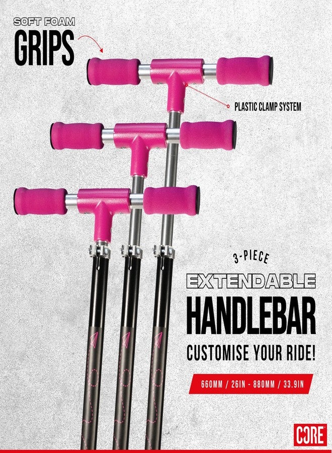 CORE Scooter for Kids Ages 6-12 - Foldy Kids Scooter, Kick Scooter, 2 Wheel Light-Up LED, Easy Folding Scooter, 3 Adjustable Height Handlebar, Pro Deck, Boys Scooter & Girls Scooter, 4 Colors (Pink) - Image 2