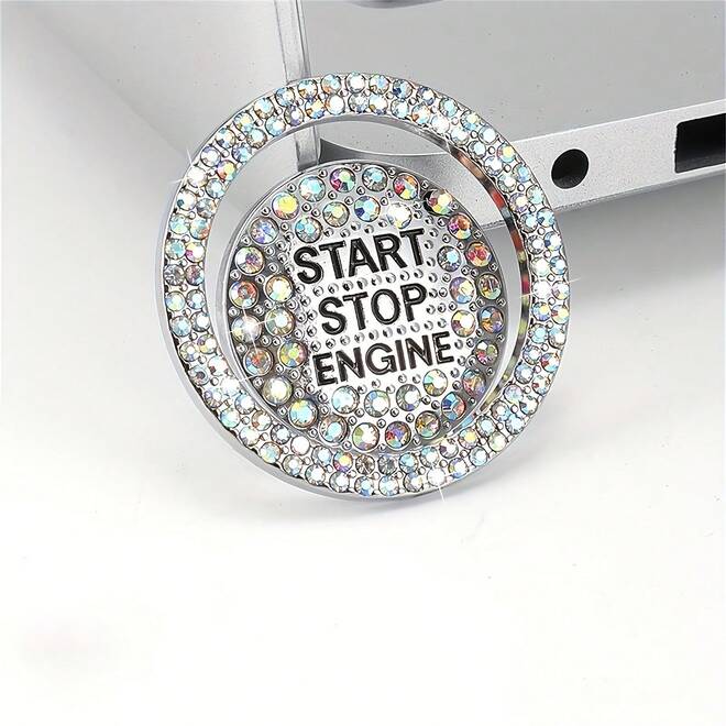 Shiny Crystal Engine Start Button Cover - Sparkling Alloy Button Badge With "Start Stop Engine" Design, Car Interior Decoration With Rhinestones, Fashionable Engine Accessory | Luxury Car Badge | Brilliant Design