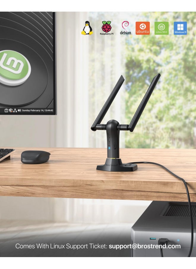 BrosTrend - BrosTrend Linux WiFi Adapter for Ubuntu, Mint, Kali, Debian, Lubuntu, Xubuntu, Mate, Zorin, PureOS, Raspberry Pi 2+, Windows 11, 1200Mbps, 5GHz/2.4GHz, Long Range 2X5dBi Antennas, USB3.0 - Image 1