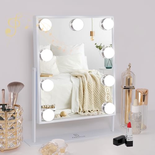 FENCHILIN Vanity Mirror with Lights 9 Dimmable Bulbs Makeup Mirror with Smart Touch Control for Glam Room Bedroom Detachable 10X Magnification Rotation Tabletop White - Image 1