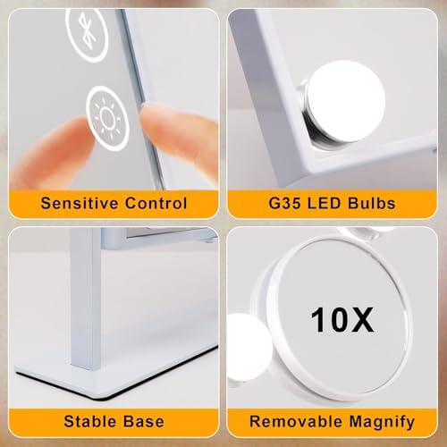 FENCHILIN Vanity Mirror with Lights 9 Dimmable Bulbs Makeup Mirror with Smart Touch Control for Glam Room Bedroom Detachable 10X Magnification Rotation Tabletop White - Image 5