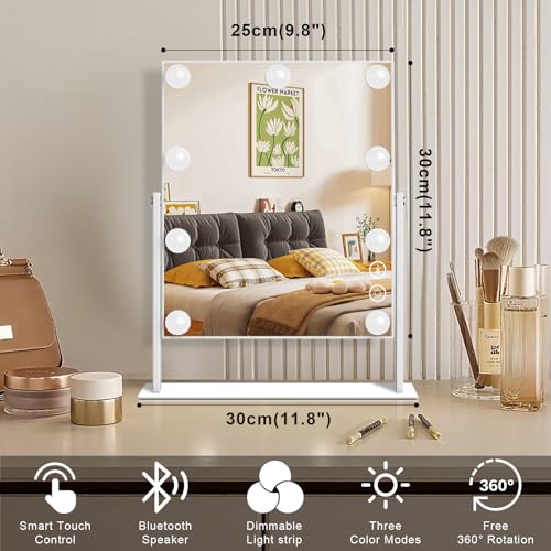 FENCHILIN Vanity Mirror with Lights 9 Dimmable Bulbs Makeup Mirror with Smart Touch Control for Glam Room Bedroom Detachable 10X Magnification Rotation Tabletop White - Image 2