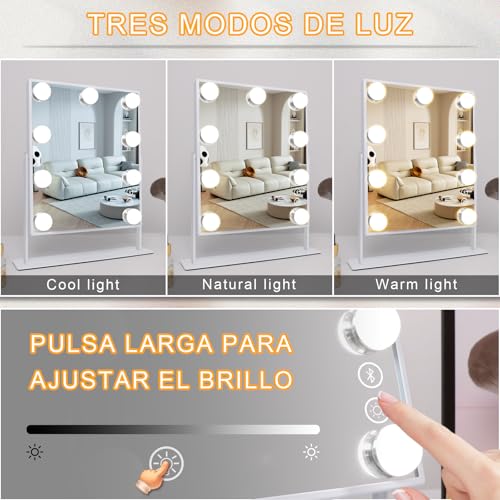 FENCHILIN Vanity Mirror with Lights 9 Dimmable Bulbs Makeup Mirror with Smart Touch Control for Glam Room Bedroom Detachable 10X Magnification Rotation Tabletop White - Image 4