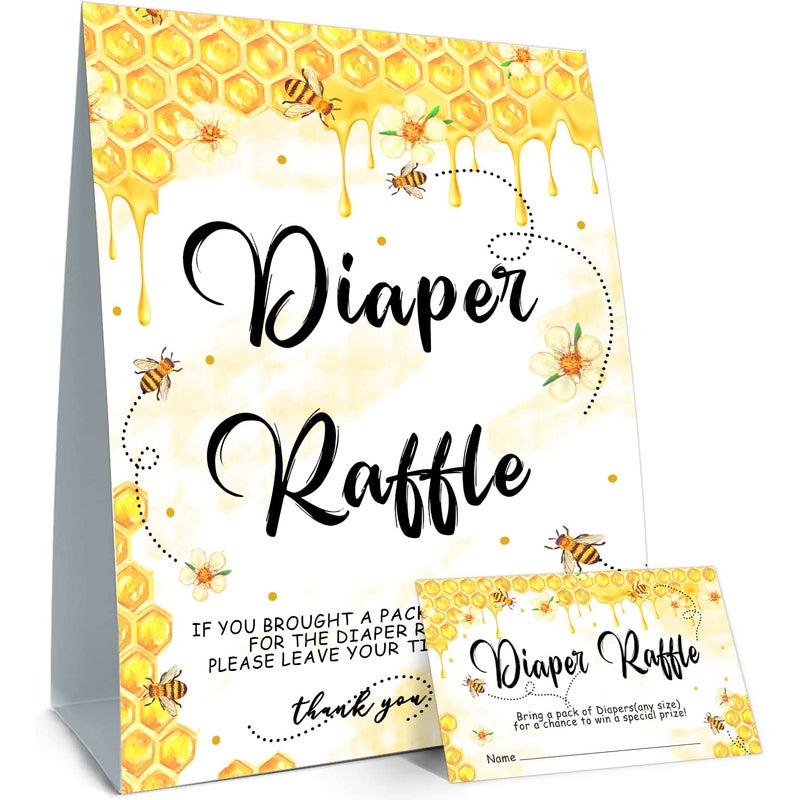 ALodr Bee Baby Shower Games Diaper Raffle Tickets for Baby Shower Diaper Raffle Sign Baby Showers Decorations Party Favors for Baby Showers Game Cards 1 Sign 50 Cards Per Pack - Image 2