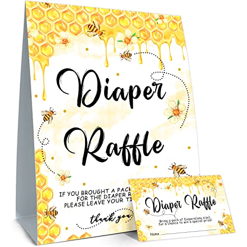 ALodr Bee Baby Shower Games Diaper Raffle Tickets for Baby Shower Diaper Raffle Sign Baby Showers Decorations Party Favors for Baby Showers Game Cards 1 Sign 50 Cards Per Pack - Image 1