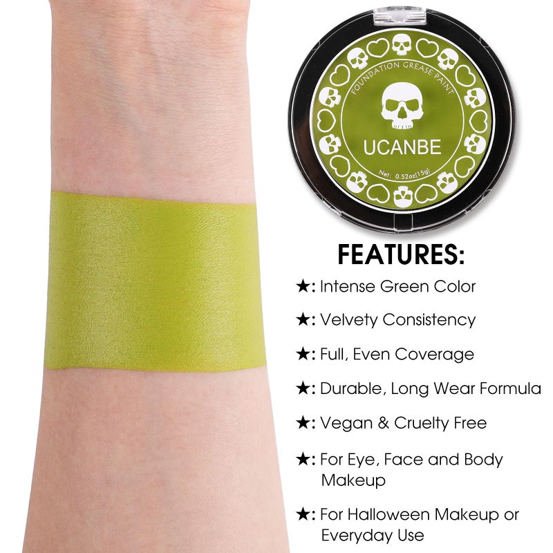 UCANBE Ogre Green Face Body Paint Makeup Foundation, Green Greasepaint for Christmas & St. Patrick's Day, Face Painting Kit for Halloween Monster Witch Goblin Shrek Hulk Gamora SFX Makeup & Costume - Image 2