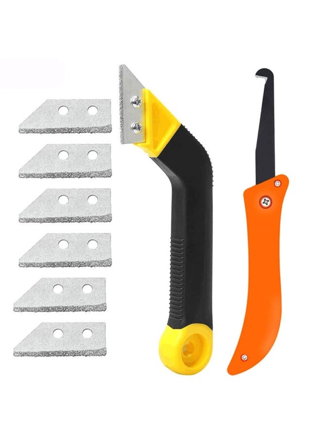 RAHAYM Grout Remover Tool, Grout Saw Angled Grout Scraping Rake Tool with 6 Pieces Extra Blades Replacement for Tile Cleaning - Image 1