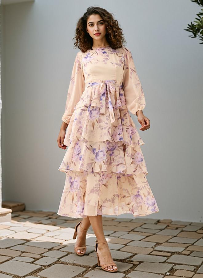 تواكستريمز فستان بطبعات زهور بطبقات مع تفاصيل دانتيل وشريط - Image 1