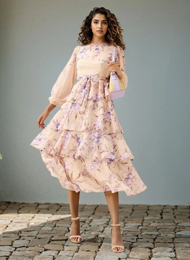 2Xtremz 2Xtremz Floral Print Tiered Dress with Lace and Bow Detail