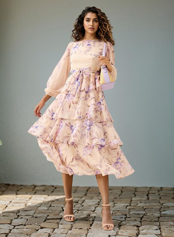 تواكستريمز فستان بطبعات زهور بطبقات مع تفاصيل دانتيل وشريط - Image 2