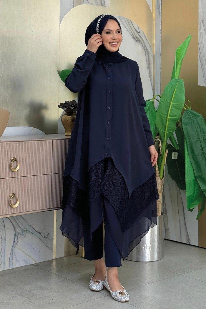 Bym Fashion Lace and Chiffon Detailed Asymmetric Cut Tunic 2758 Navy Blue  - Image 1