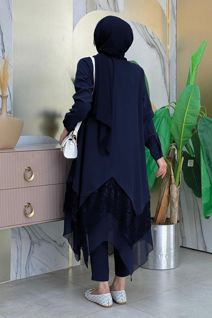 Bym Fashion Lace and Chiffon Detailed Asymmetric Cut Tunic 2758 Navy Blue  - Image 2