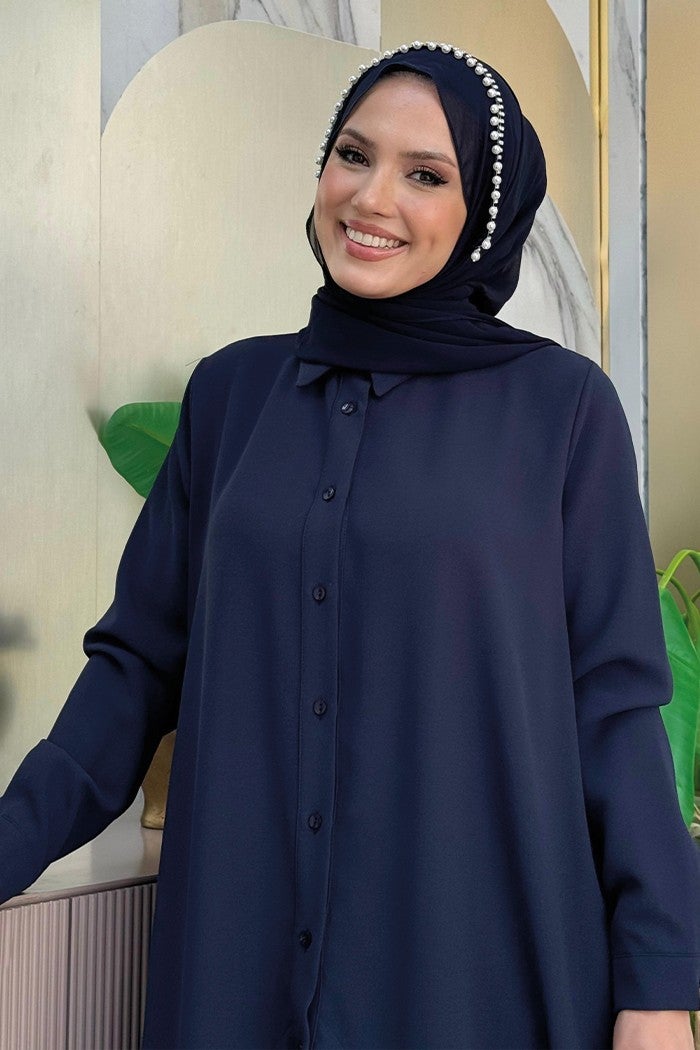 Bym Fashion Lace and Chiffon Detailed Asymmetric Cut Tunic 2758 Navy Blue  - Image 4