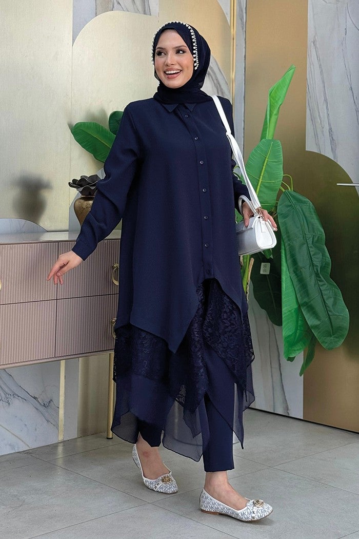 Bym Fashion Lace and Chiffon Detailed Asymmetric Cut Tunic 2758 Navy Blue  - Image 3