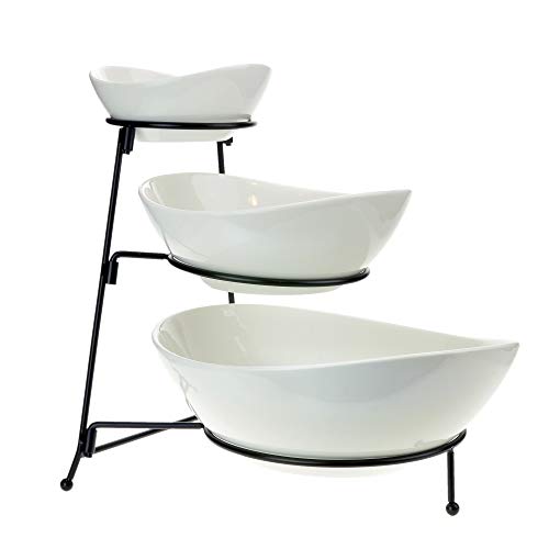 Roe & Moe 3 Tier Serving Stand Ceramic Bowl Set with Metal Rack, Tiered Bowls for Parties Candy Appetizer Dessert Fruit Cake Veggies Chips & Dip - Image 1