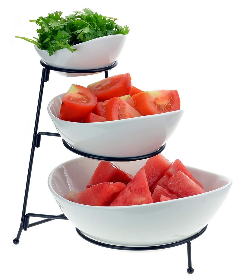 Roe & Moe 3 Tier Serving Stand Ceramic Bowl Set with Metal Rack, Tiered Bowls for Parties Candy Appetizer Dessert Fruit Cake Veggies Chips & Dip - Image 2