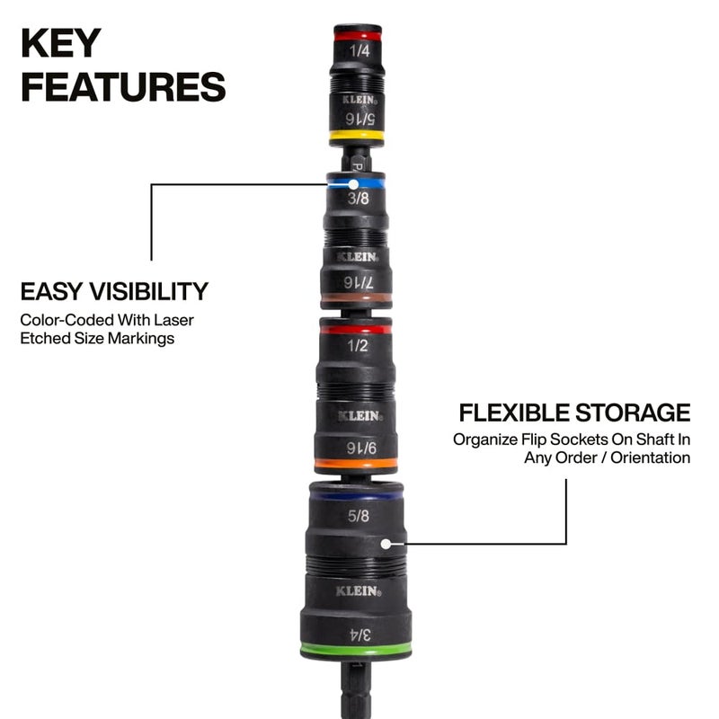 Klein Tools 32933M 6-in-1 Metric Impact Socket Set, 3 Flip Sockets with 7, 8, 10, 12, 13 and 14 mm Nut Driver Sizes, Impact Rated 5-Inch Shaft - Image 3