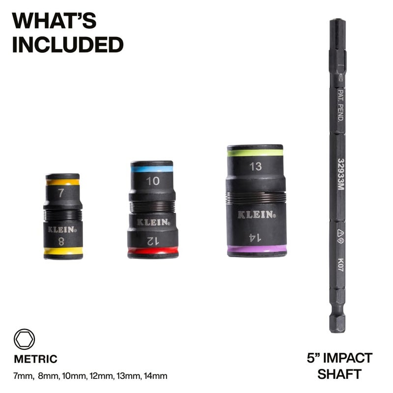 Klein Tools 32933M 6-in-1 Metric Impact Socket Set, 3 Flip Sockets with 7, 8, 10, 12, 13 and 14 mm Nut Driver Sizes, Impact Rated 5-Inch Shaft - Image 2