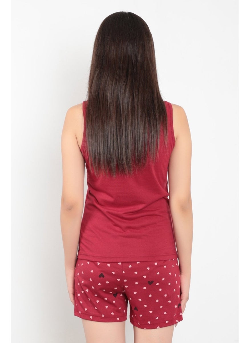 Giysa Claret Red Color Zero Sleeve Printed Cotton Fabric Women's Shorts Pajama Set - 10004  - Image 3
