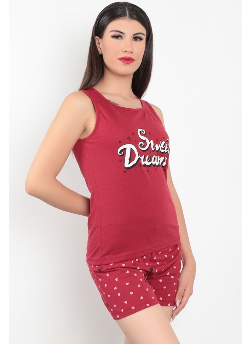 Giysa Claret Red Color Zero Sleeve Printed Cotton Fabric Women's Shorts Pajama Set - 10004  - Image 2