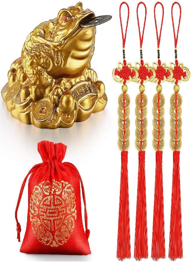 Chuangdi Chuangdi Feng Shui Money Frog Chinese Coins Three Legged Toad with Coin, 4 Pieces Lucky Knot Coins Tassel Hanging, Red Blessing Bag for Attracting Wealth Success 