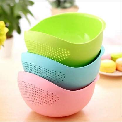 Kitchwish Rice Fruit Vegetable Washing Bowl Strainer Colander 3 Multicolor - Image 1
