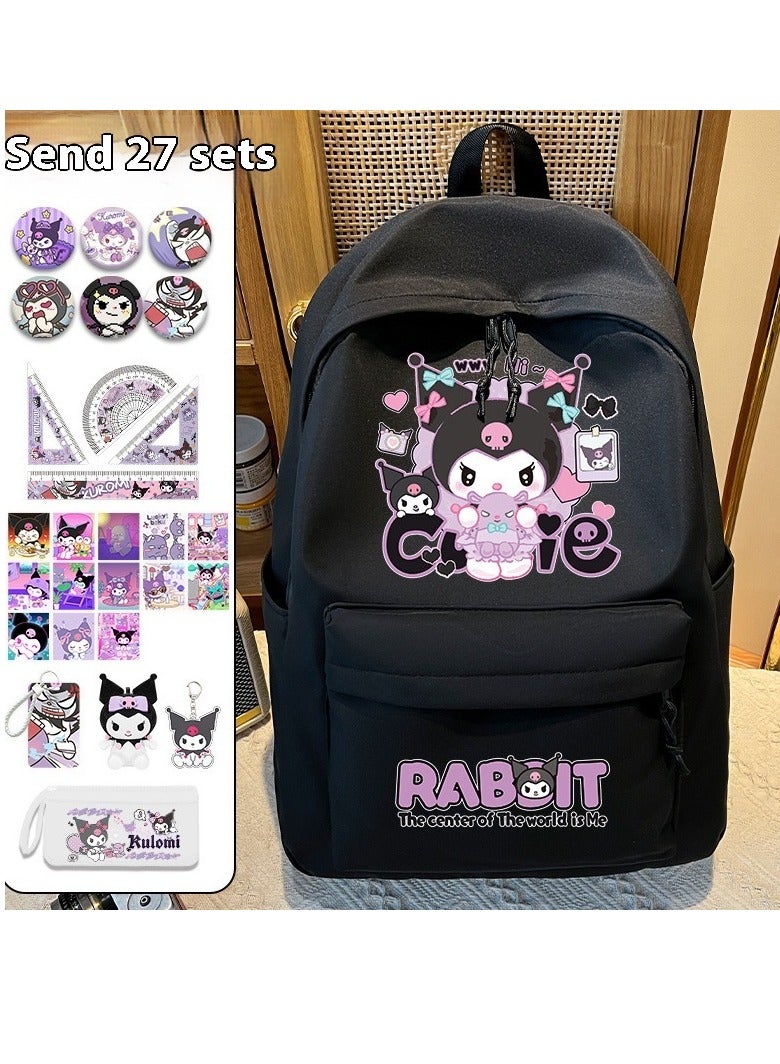SISGL 27-Piece Cartoon Kuromi Backpack For School Girls 6-12 Years Old Teens Fashion Kawaii Kuromi Print School Bags For Girls Large Travel Backpack For Teens Students Gift  - Image 1