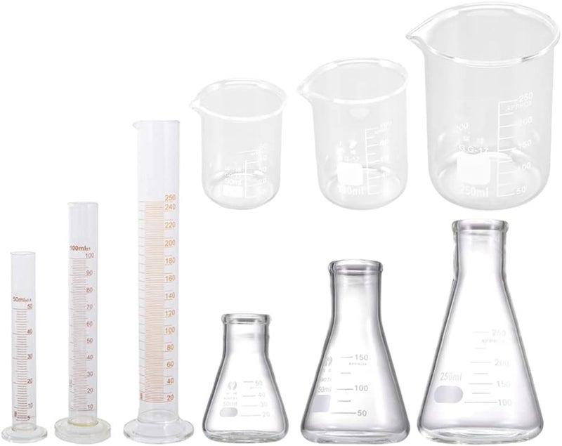 klarako 9pcs Utensil Set Cylinder Measurement 100 Ml Measuring Cylinder Beaker Graduated Measuring Cup Labware Ml Measuring Cup for Liquid Conical Bottle Test Tube Glass With Scale - Image 1