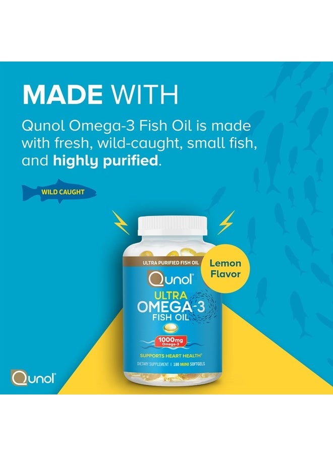Qunol Fish Oil Omega 3 Mini Softgels, 1000mg Omega 3 EPA + DHA, Ultra Pure Supplements, Heart Health Support, Lemon Flavor, Easy to Swallow Minis, 3 Month Supply, 180 Count  - Image 3