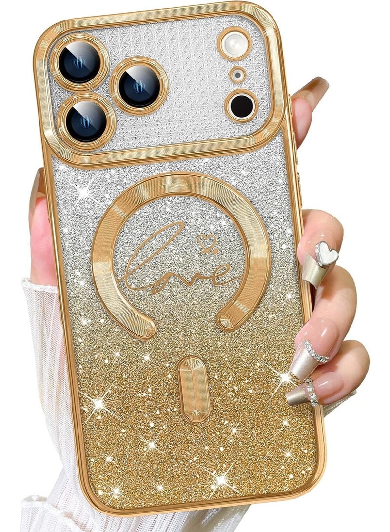 Designed for iPhone 17 Pro Max Case 2025,Compatible with MagSafe Love Hearts Plating Camera Protection TPU Magnetic Glitter Phone  for Women Girls 6.9"-Gold - Image 1