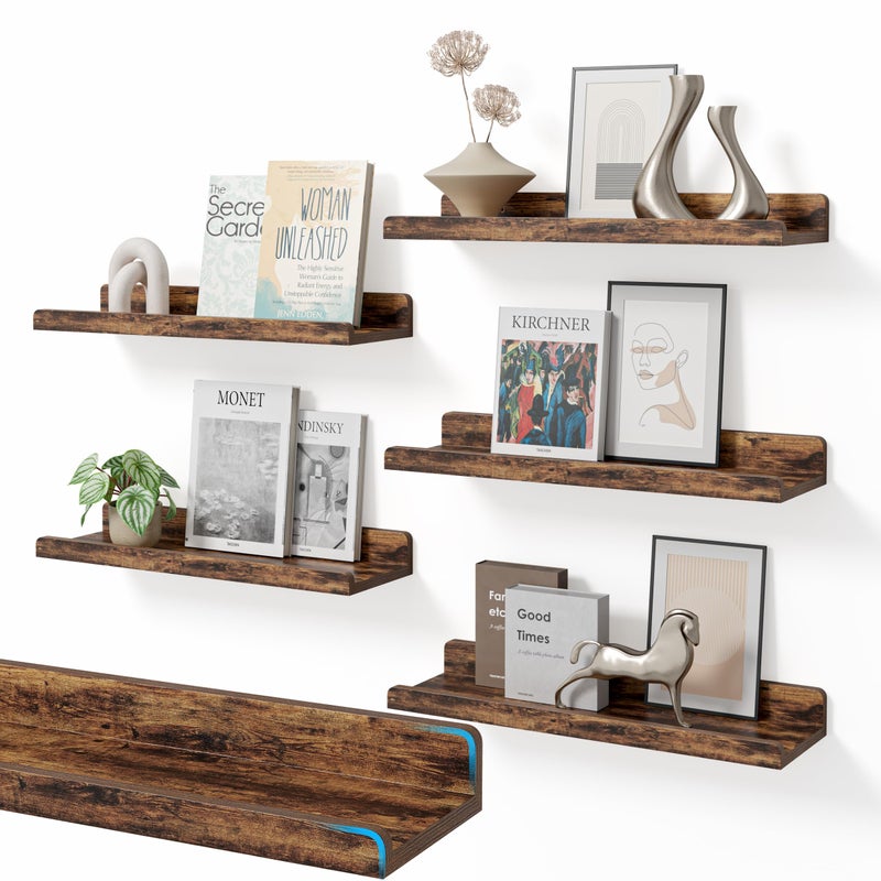 YUFLINX 16â€™â€™Rustic Brown Floating Shelves for Wall Set of 6,Rustic Wood Shelf for Room Decor/Storage/Display,Small Bookshelf,Wall Mounted Hanging Shelves for Bedroom, Bathroom, Living Room, Kitchen - Image 1