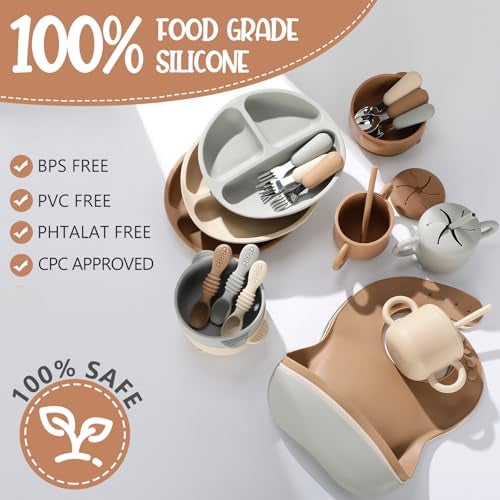 Yinder 24 Pack Silicone Baby Feeding Set Baby LED Weaning Supplies Includes Suction Divided Plates Soft Bowl Spoons Forks Adjustable Bib Snack Cup and Straws(Walnut Color, Beige, Smoky Gray) - Image 2
