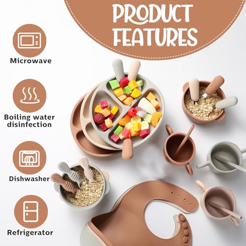 Yinder 24 Pack Silicone Baby Feeding Set Baby LED Weaning Supplies Includes Suction Divided Plates Soft Bowl Spoons Forks Adjustable Bib Snack Cup and Straws(Walnut Color, Beige, Smoky Gray) - Image 5