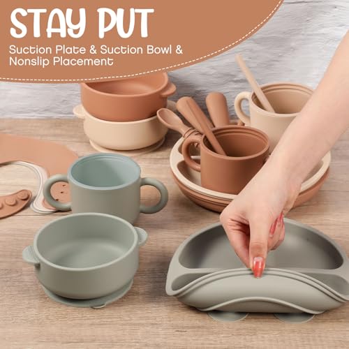 Yinder 24 Pack Silicone Baby Feeding Set Baby LED Weaning Supplies Includes Suction Divided Plates Soft Bowl Spoons Forks Adjustable Bib Snack Cup and Straws(Walnut Color, Beige, Smoky Gray) - Image 4
