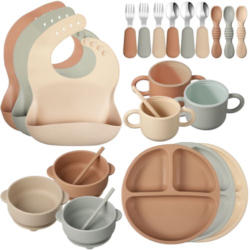 Yinder 24 Pack Silicone Baby Feeding Set Baby LED Weaning Supplies Includes Suction Divided Plates Soft Bowl Spoons Forks Adjustable Bib Snack Cup and Straws(Walnut Color, Beige, Smoky Gray) - Image 1