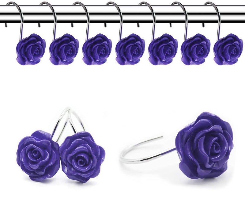 FINROS 12 PCS Home Fashion Decorative Anti Rust Shower Curtain Hooks Rose Design Shower Curtain Rings Hooks Purple