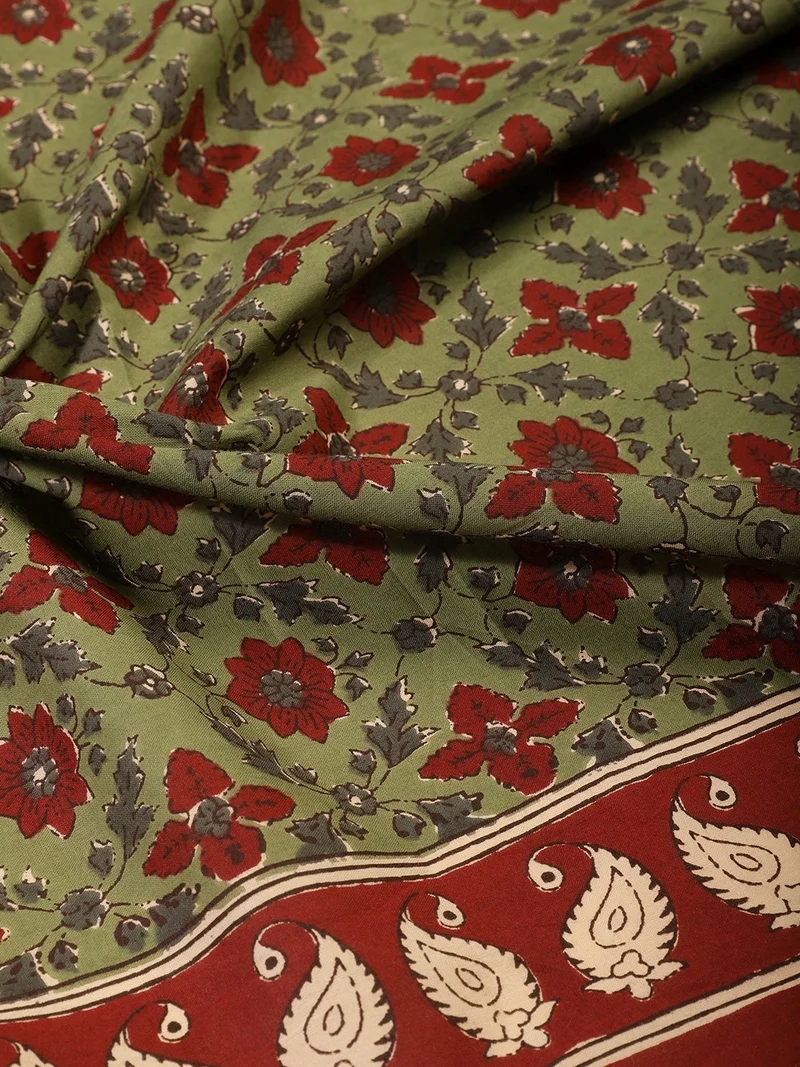أيه كيه إس Sage Green Floral Print Fabric With Paisley Border