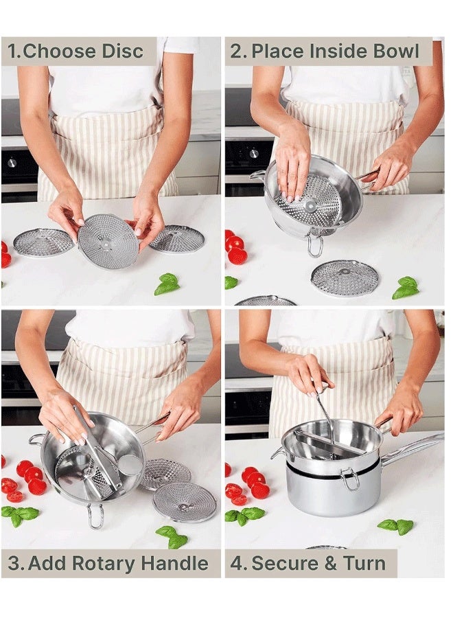 مطحنة طعام من الفولاذ المقاوم للصدأ مزودة بثلاثة أقراص طحن، مناسبة لهرس الطعام في المطبخ، لتحضير صلصة الحساء - مطحنة طعام دوارة لصلصة الطماطم، وصلصة التفاح، والهريس، والبطاطس المهروسة، والمربى، وأطعمة الأطفال. - Image 2