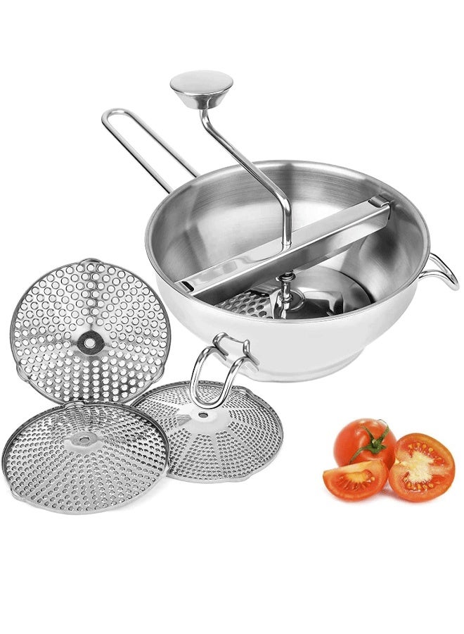 مطحنة طعام من الفولاذ المقاوم للصدأ مزودة بثلاثة أقراص طحن، مناسبة لهرس الطعام في المطبخ، لتحضير صلصة الحساء - مطحنة طعام دوارة لصلصة الطماطم، وصلصة التفاح، والهريس، والبطاطس المهروسة، والمربى، وأطعمة الأطفال. - Image 1