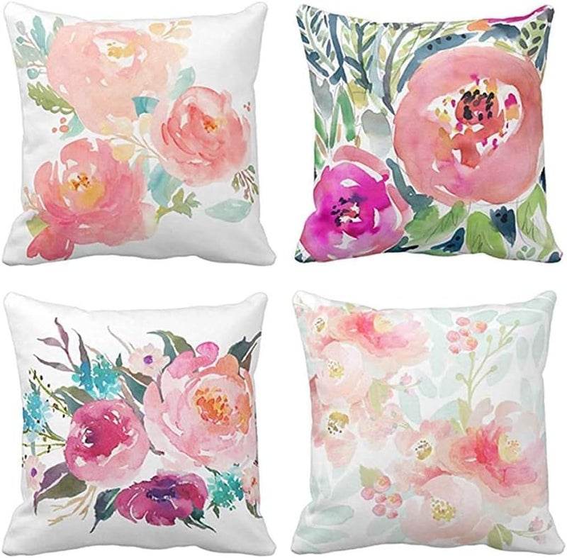 KASTWAVE Throw Pillow Covers, Set of 4 Peonies Summer Watercolor Floral Throw Pillow Covers Decorative Pillow Cases for Sofa Couch Living Room Outdoor (45 * 45 cm) - Image 1