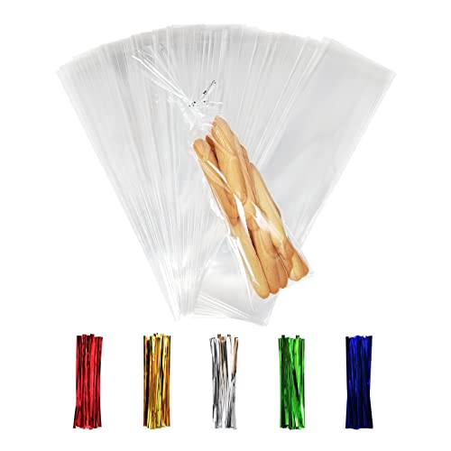 XLSFPY 100PCS Cellophane Bags 3x11 inches, Clear Treat Bags with 4’’ Twist Ties, Plastic Cello Bags - 1.4 mils Thick OPP Rice Crispy Bags for Gift Goodie Favor Candy Cake Pop Birthday Party Cookies (3’’ x 11’’) - Image 1
