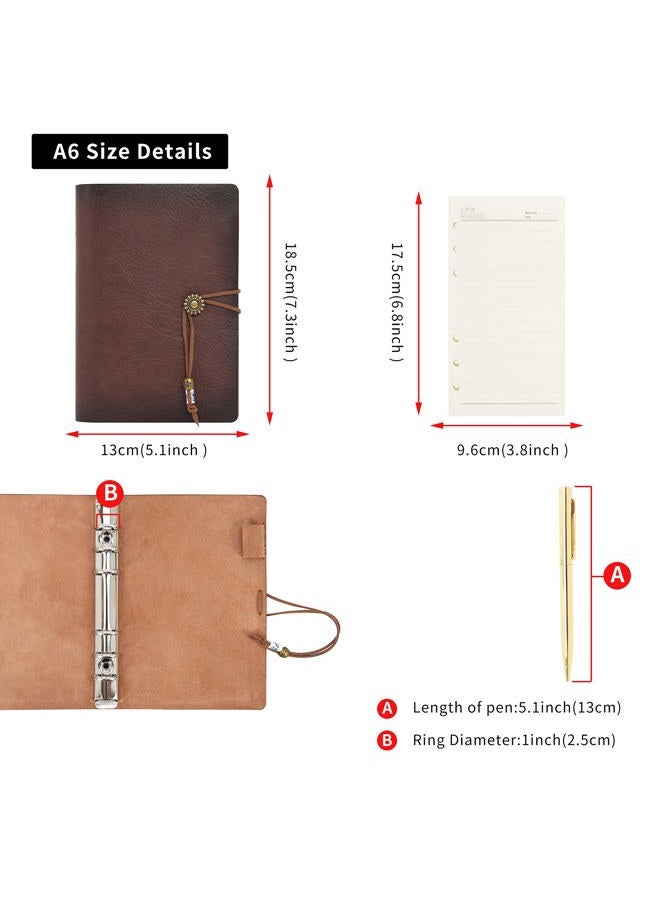 WONDERPOOL Leather Journal A6 Refillable 6 Ring Binder Notebook with Lined Paper and Pen,Writing Diary for Work Travel and Agenda Plan (A6, Brown) - Image 5