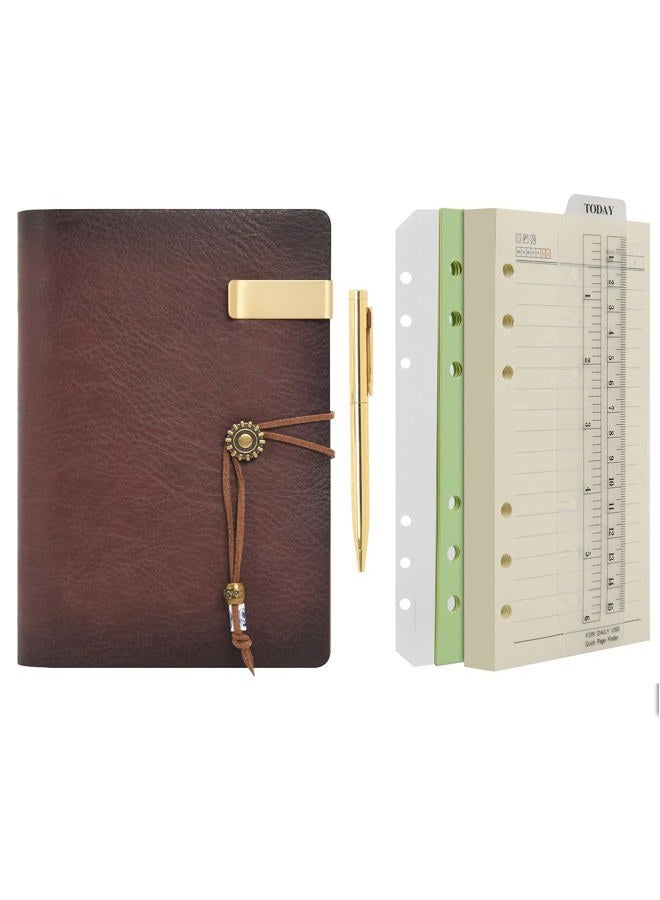 WONDERPOOL Leather Journal A6 Refillable 6 Ring Binder Notebook with Lined Paper and Pen,Writing Diary for Work Travel and Agenda Plan (A6, Brown) - Image 1