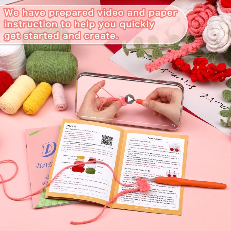 Iuuidu Crochet Kit For Beginners  Flower Bouquet Crochet Kit Rose  Crochet Starter Kit For Beginners With Step-By-Step Video Tutorials For Birthday Anniversary Day Present  Home Decor (Red) - Image 3