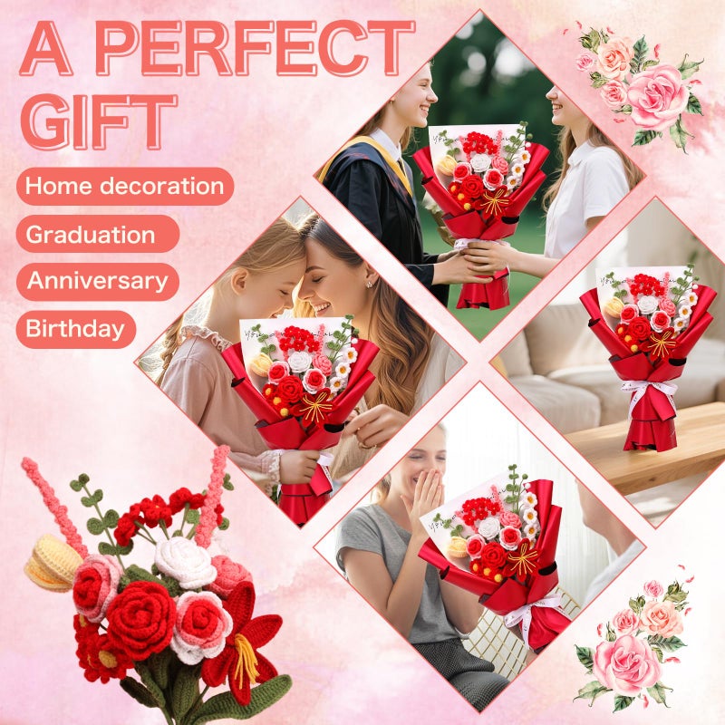 Iuuidu Crochet Kit For Beginners  Flower Bouquet Crochet Kit Rose  Crochet Starter Kit For Beginners With Step-By-Step Video Tutorials For Birthday Anniversary Day Present  Home Decor (Red) - Image 5