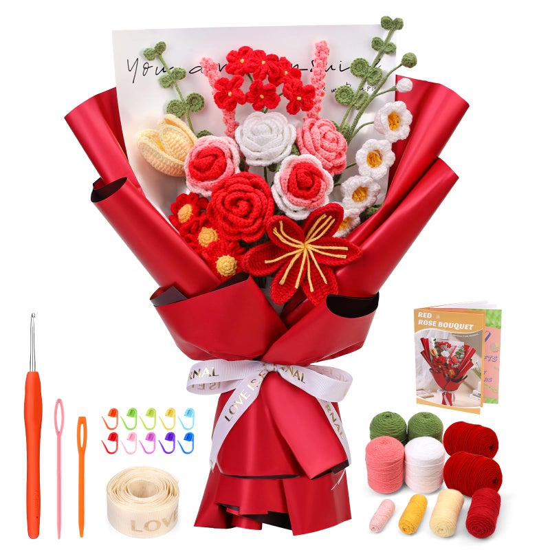 Iuuidu Crochet Kit For Beginners  Flower Bouquet Crochet Kit Rose  Crochet Starter Kit For Beginners With Step-By-Step Video Tutorials For Birthday Anniversary Day Present  Home Decor (Red) - Image 1